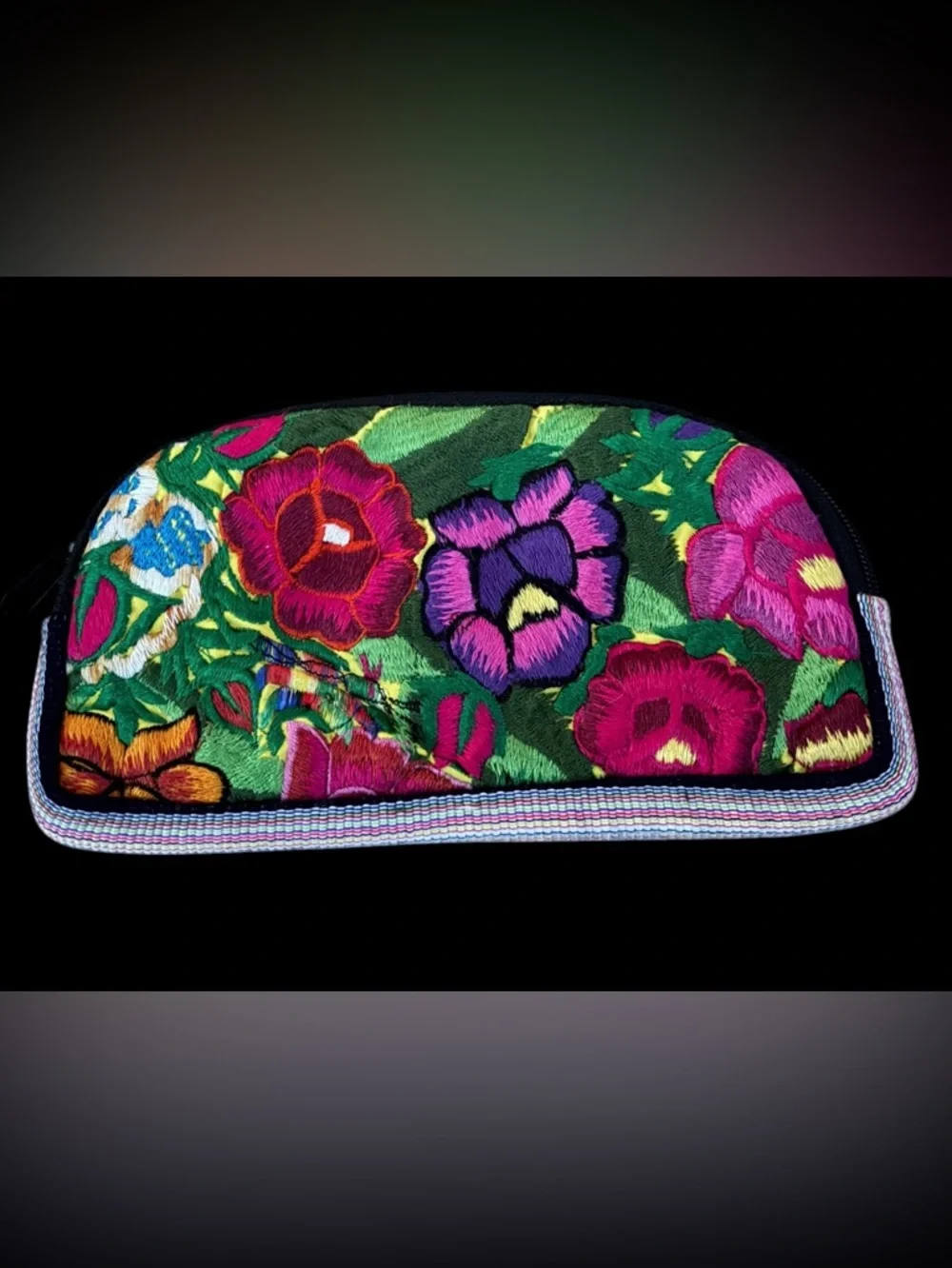 Colorful Handmade Floral Embroidered Clutch/Cosmetic Case- Pink, Purple‎ & Green