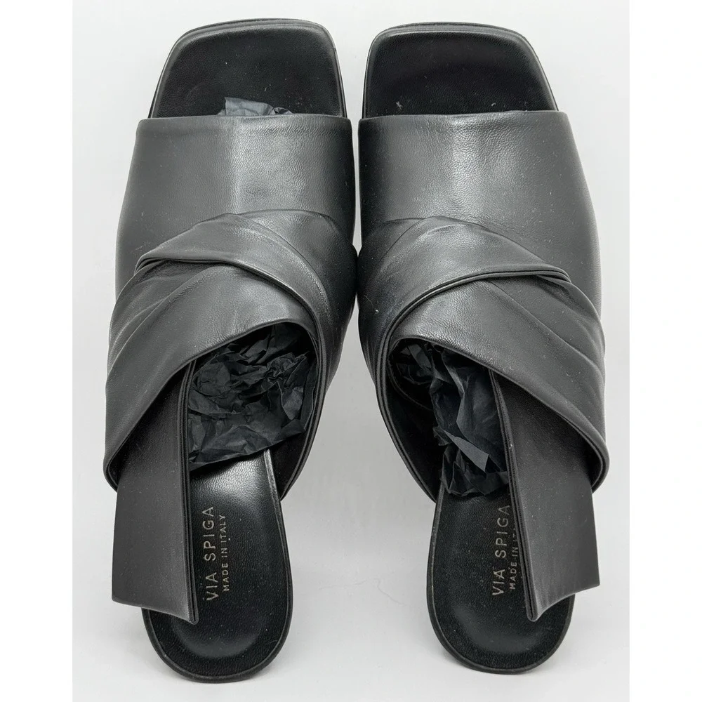 Via Spiga Black Leather Open Toe Block Heel Mule Sandals Women's‎ 6 Italy