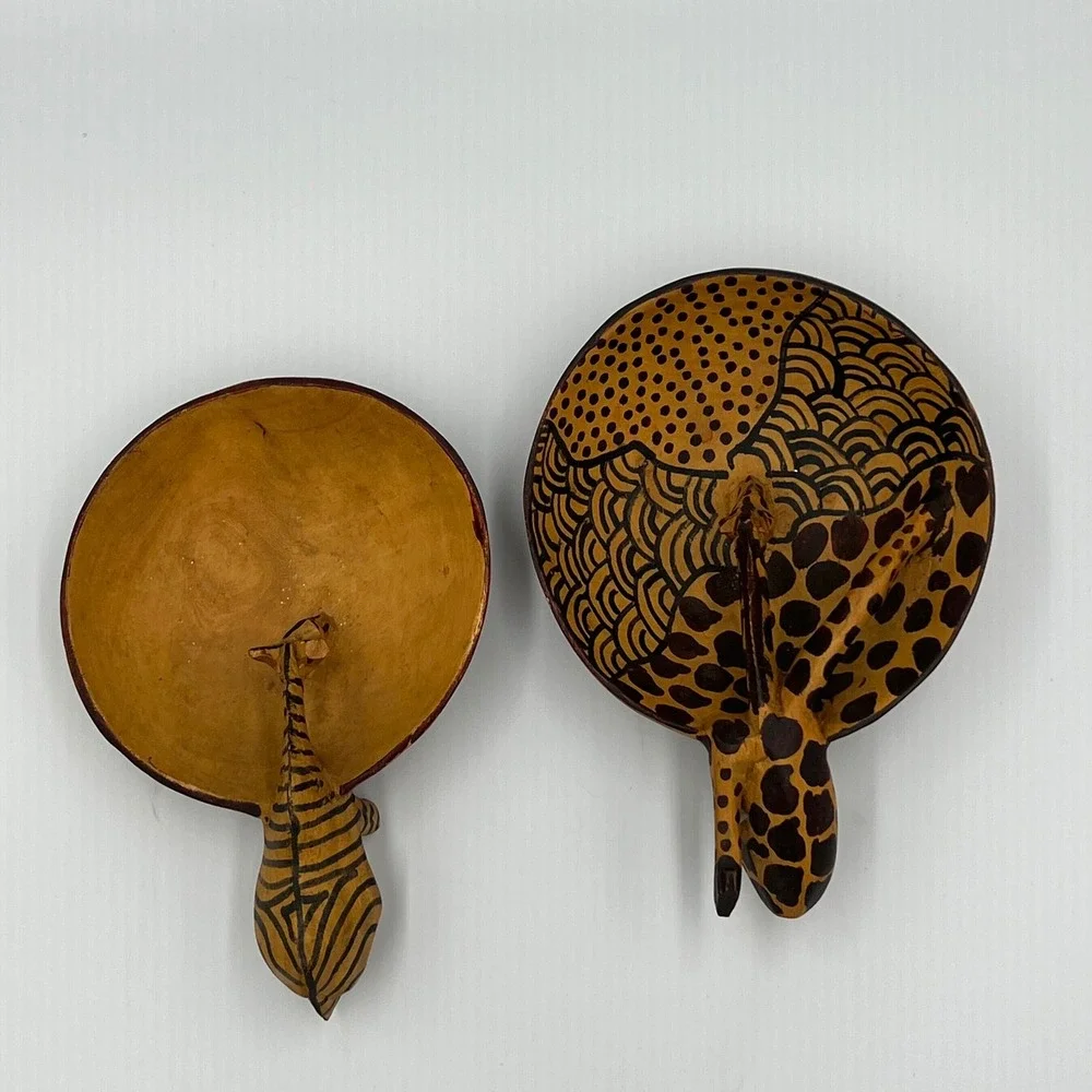 Hand Carved Wooden African Animal Bowls Giraffe Zebra Decorative Dish Set 2pc‎