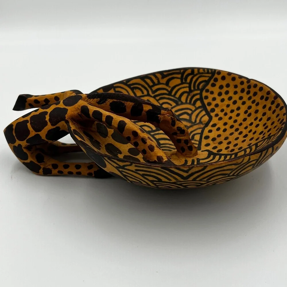 Hand Carved Wooden African Animal Bowls Giraffe Zebra Decorative Dish Set 2pc‎