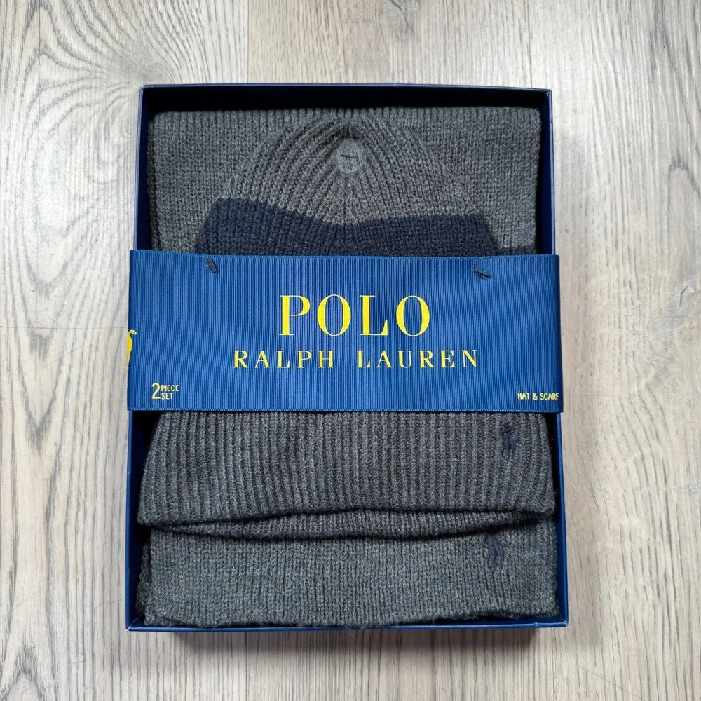 Polo Ralph Lauren Mens Grey Ribbed Beanie Hat and Scarf 2 Piece Gift Set PP0430