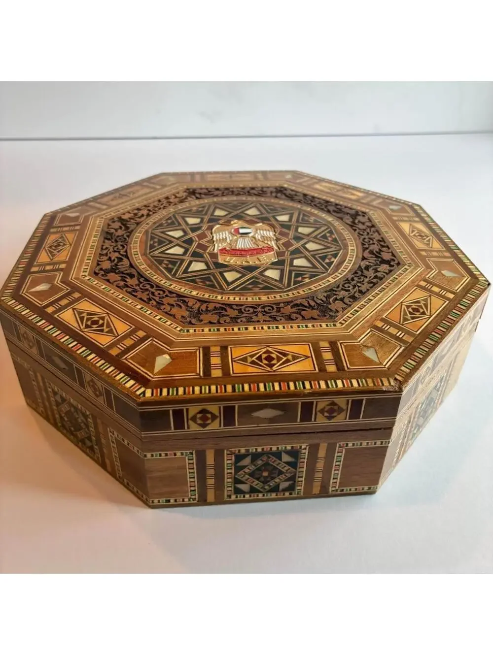 Large UAE Sadeli Marquetry Jewelry Box, Middle Eastern Mosaic Wood Inlay Box