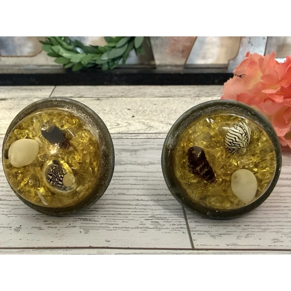 Set of 2 Vintage Resin Drawer Pulls w Suspended Shells Drawer Pull Cabinet Knobs