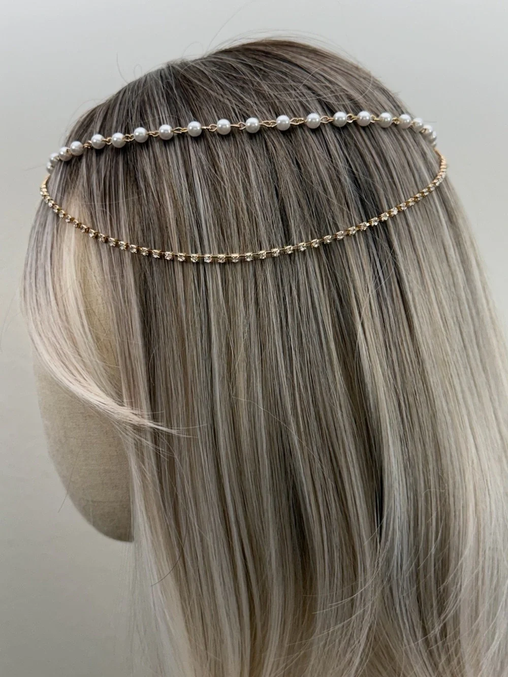 Pearl & Rhinestone Gold Head Chain Bridal Headpiece Boho Goddess Hair Jewelry