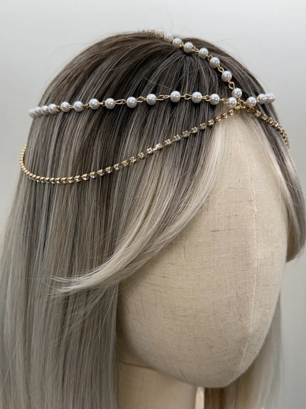 Pearl & Rhinestone Gold Head Chain Bridal Headpiece Boho Goddess Hair Jewelry