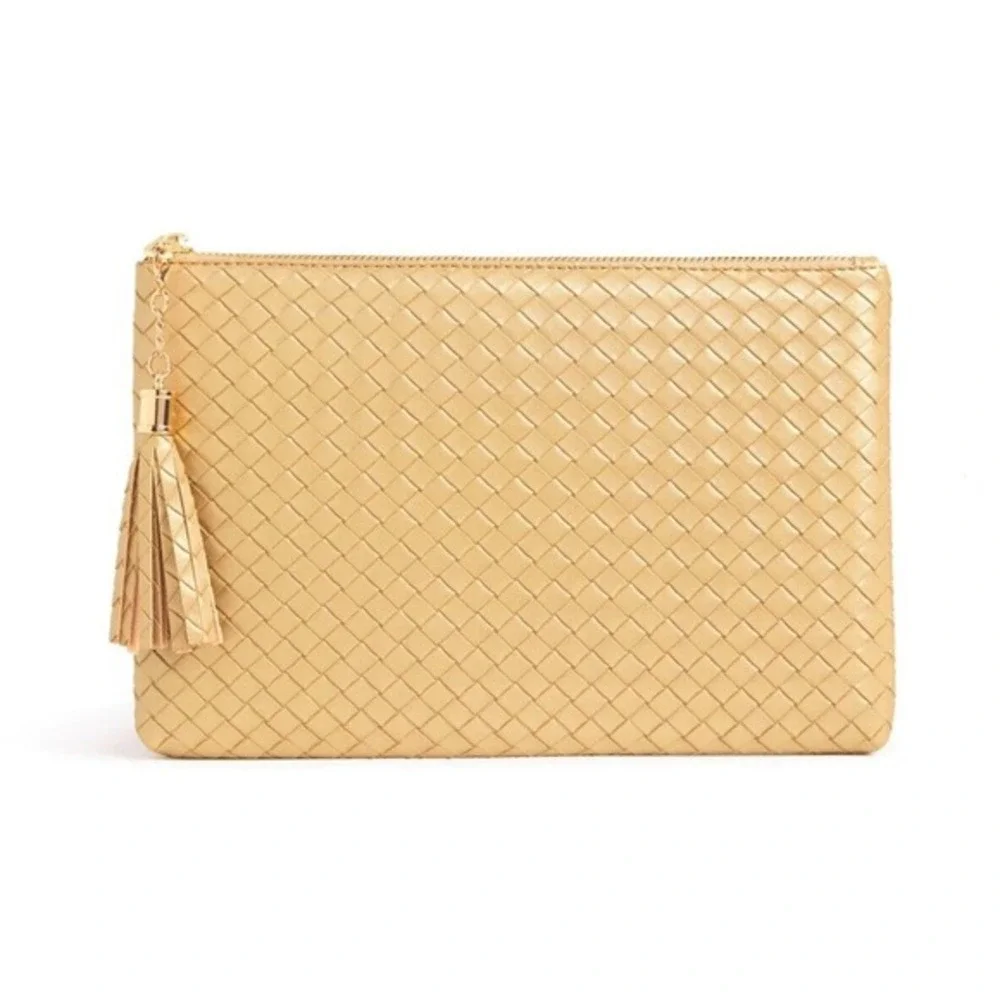 Virginia Wolf Mimi Woven Vegan Metallic Gold Leather Pouch 7x11 Brand NEW w/tags