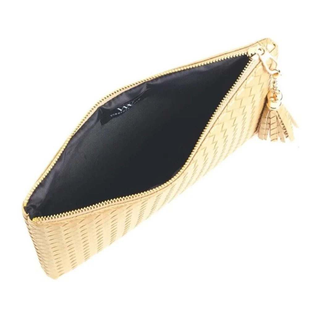 Virginia Wolf Mimi Woven Vegan Metallic Gold Leather Pouch 7x11 Brand NEW w/tags