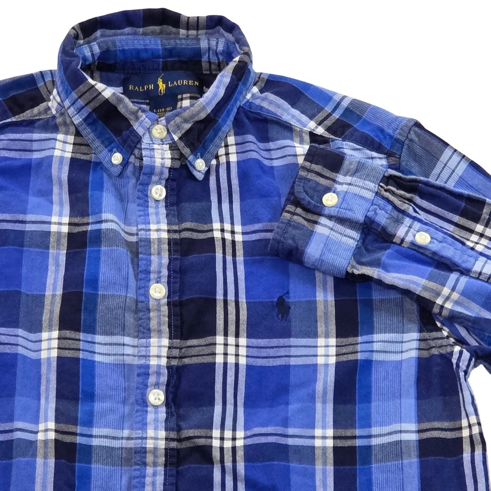 Ralph Lauren Boys Button Down Shirt Plaid Blue Long Sleeve Youth‎ L (14-16)