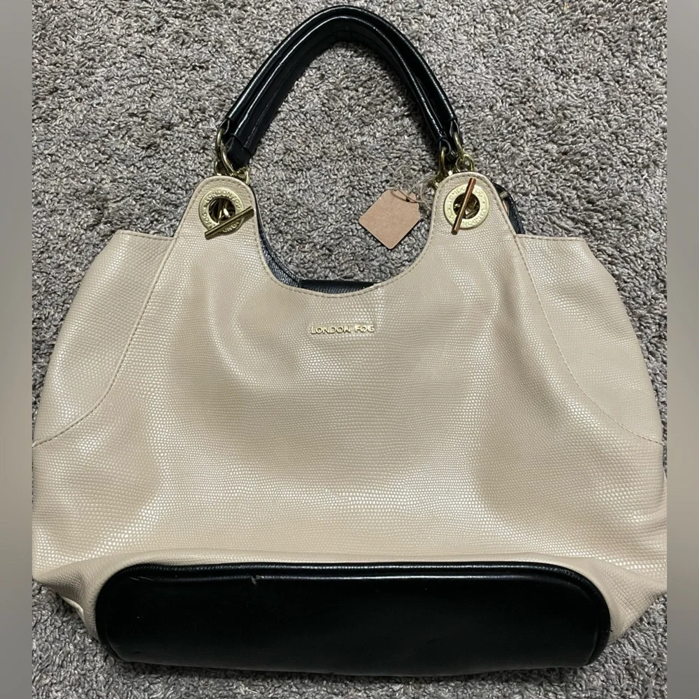 London Fog shoulder bag Women’s‎ Cream Black Gold trim tote purse handbag boho