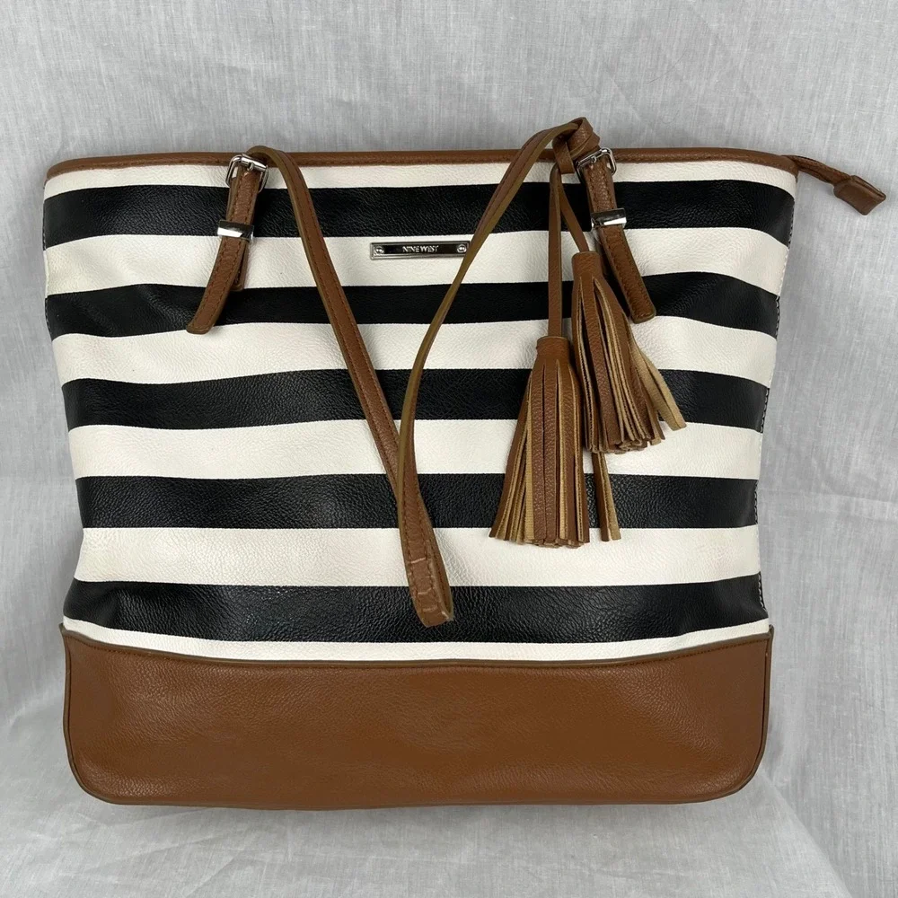 Nine West Tote Bag Black White Striped Faux‎ Leather Tassels Brown Trim