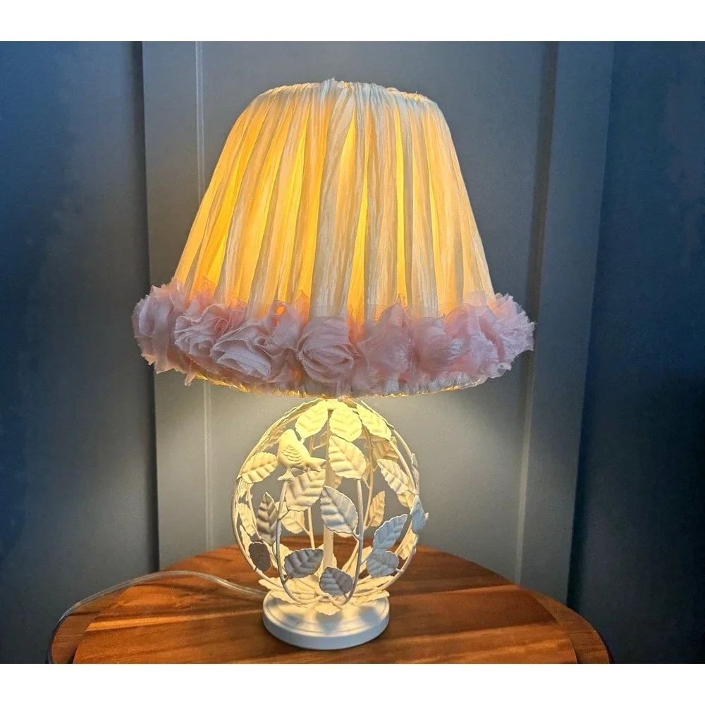 Pottery barn Kids Birdcage Lamp Cream‎ with Pink Rosette Shade 21