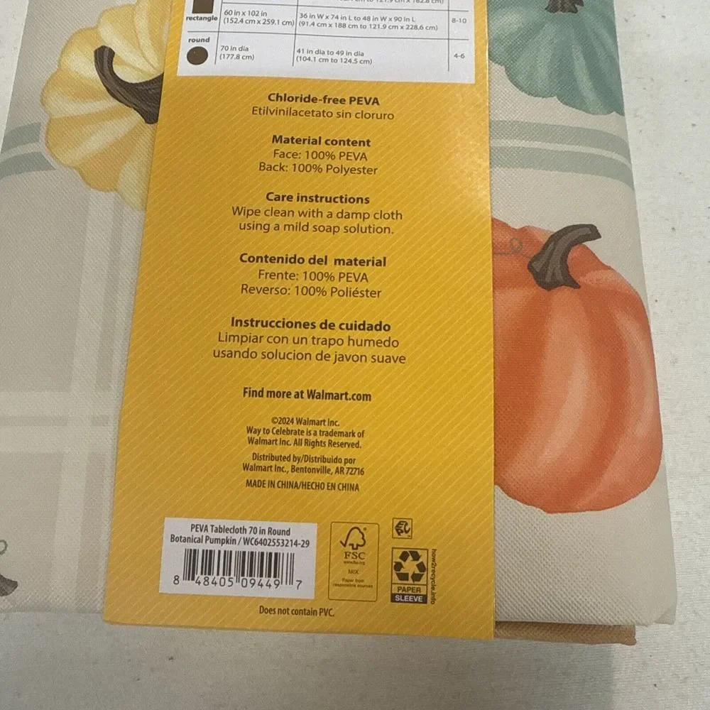 Harvest Round Peva Tablecloth 70 Inch Round Thanksgiving, Fall, Autumn, Holidays