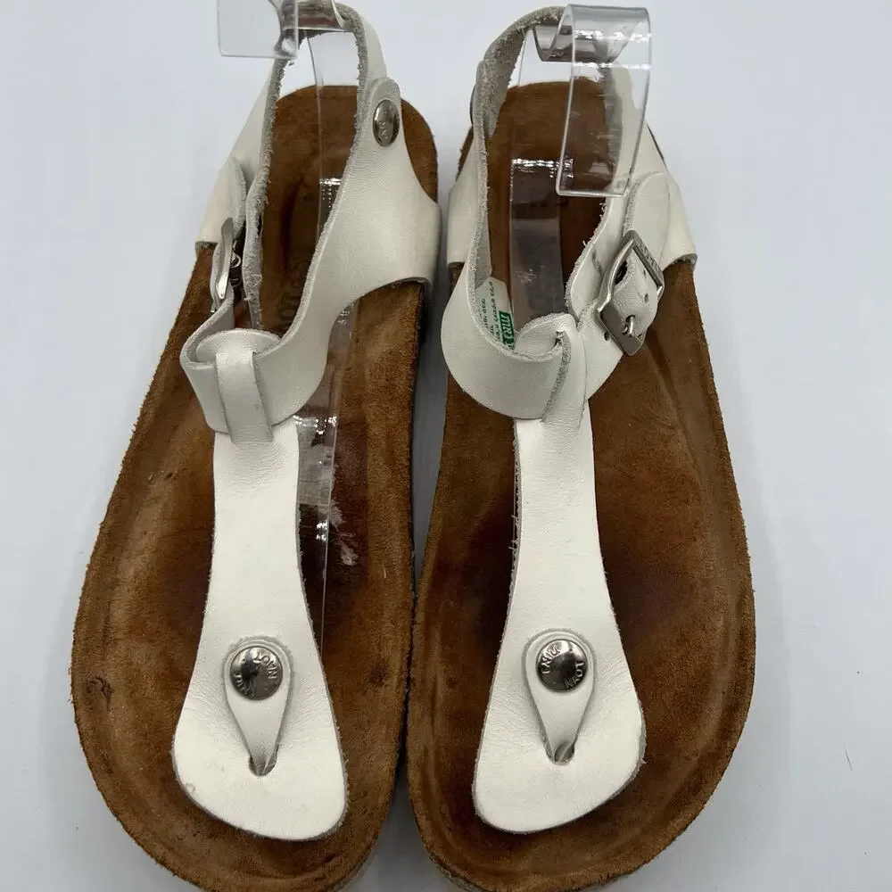 Naot Leather Thong Flat Sandals White Brown Buckles Womens Size 37 US 6 Boho