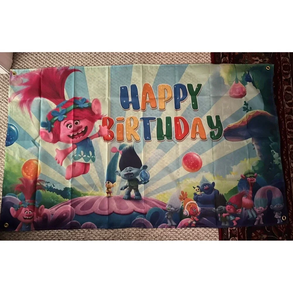Trolls Birthday Backdrop Banner, Wall Decor 3x5FT