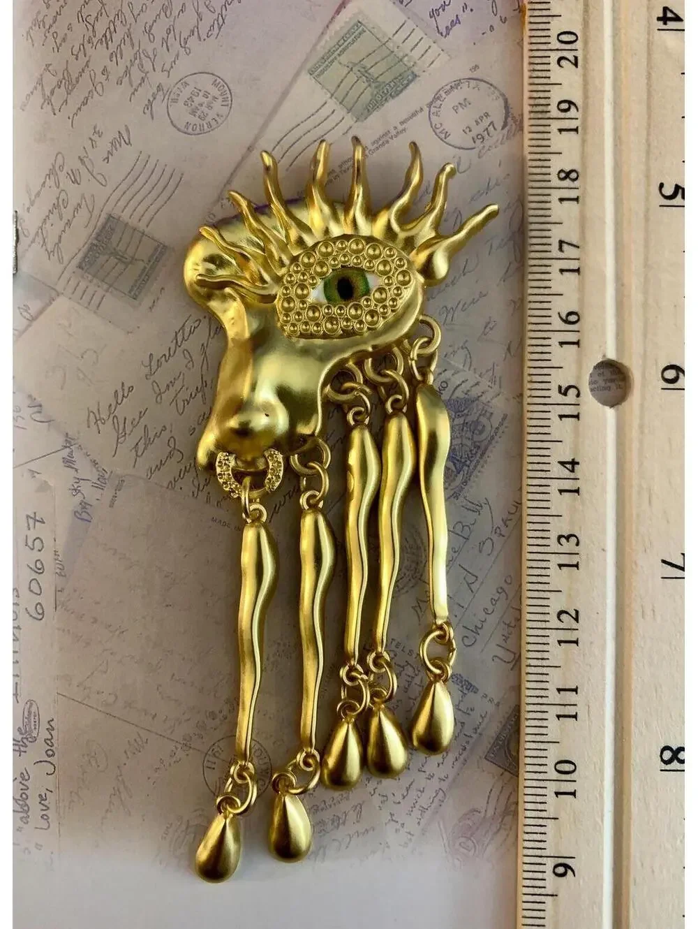 Surrealist Evil Eye Abstract Yellow Metal Dangle Brooch Vintage avant garde