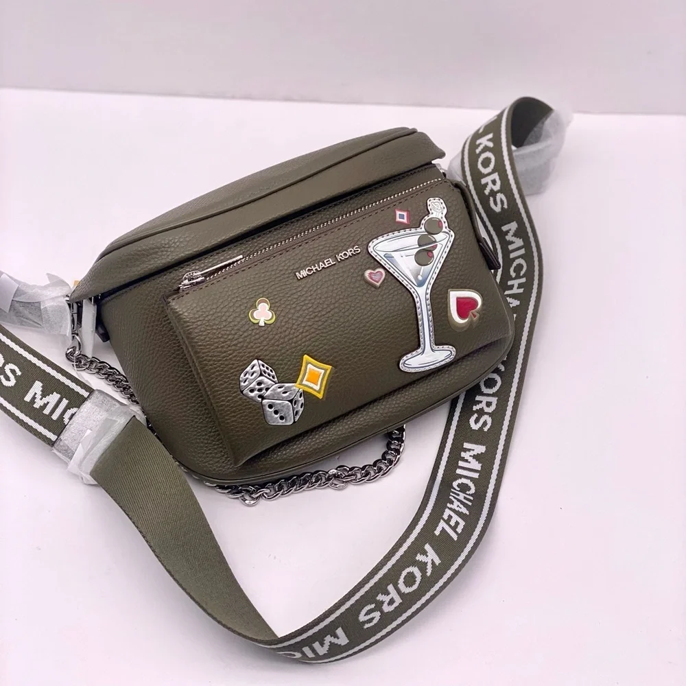 Michael Kors Olive Green Funny Pack Belt Crossbody Bag with Fun Patches