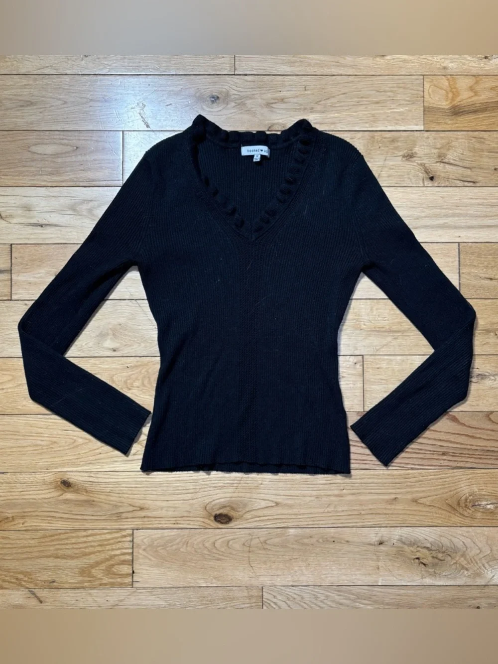 Ribbed Black V-Neck Sweater Ruffle Trim Long Sleeve Size M