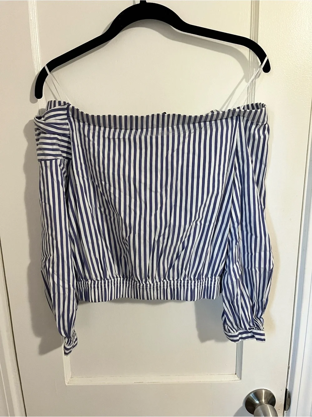 Zara Blue and White Striped Off-Shoulder Blouse
