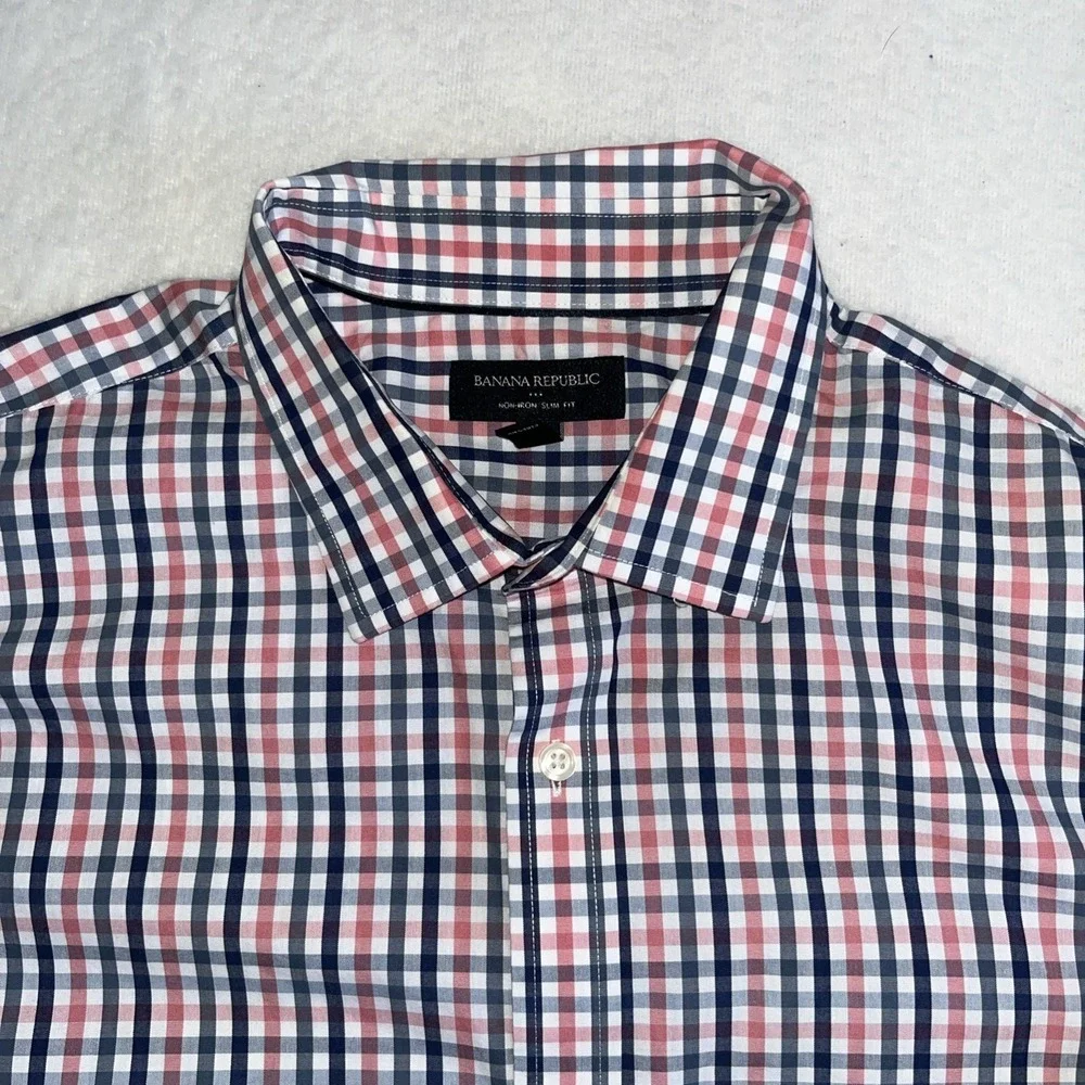 Banana Republic Shirt Men's XL 17-17.5 35-36 Red/Blue Check Non-Iron Slim Fit