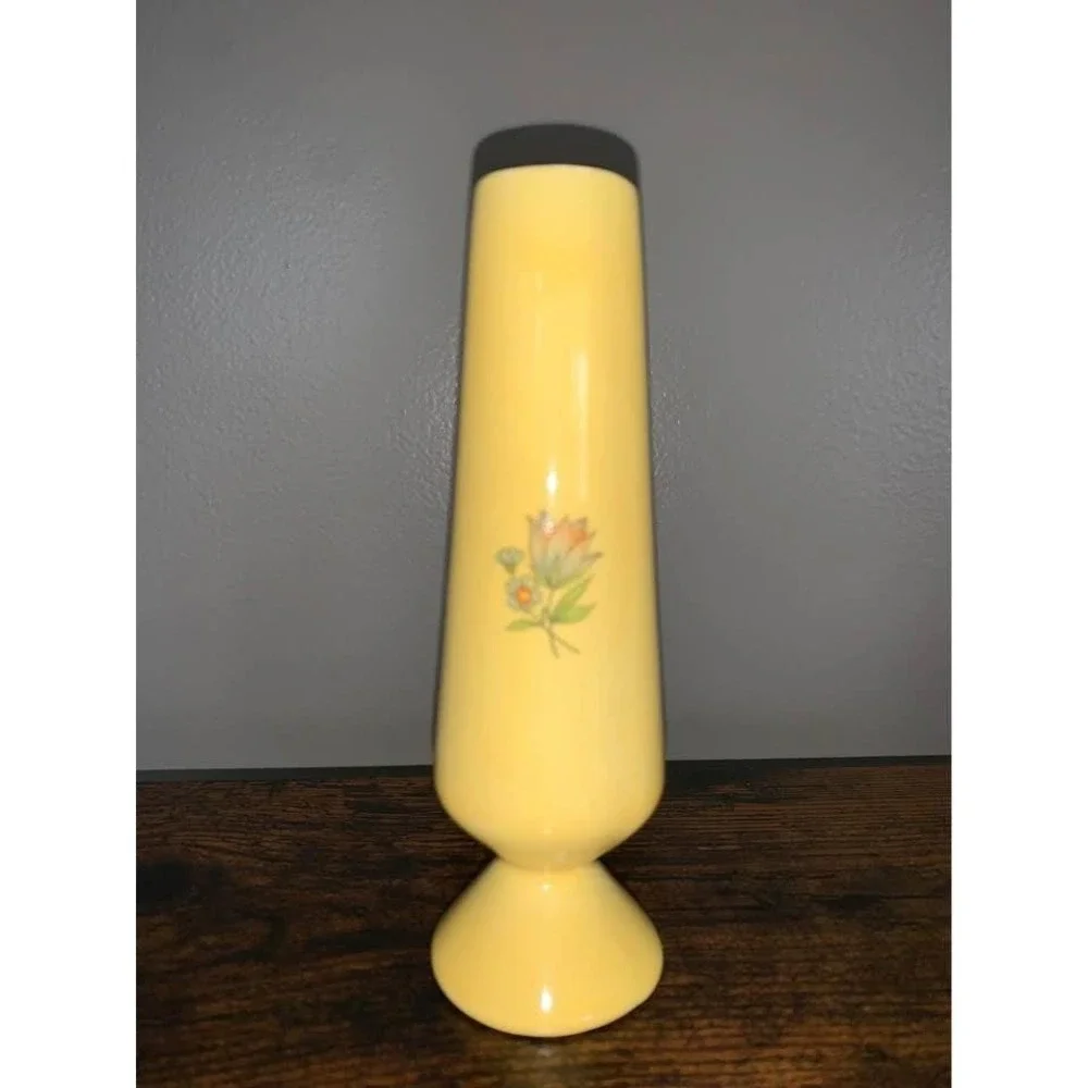 Vintage Yellow Art Pottery Bud Vase 6 Inch Footed Pedestal Glazed Ceramic Decor
