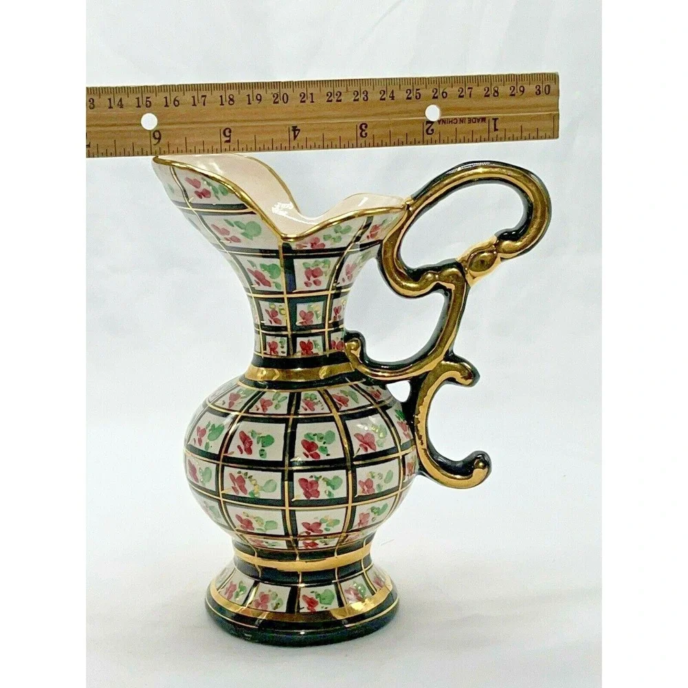 Vintage H Bequet #317 Hand Painted Belgium Pitcher Vase  Pink Floral Gold Black