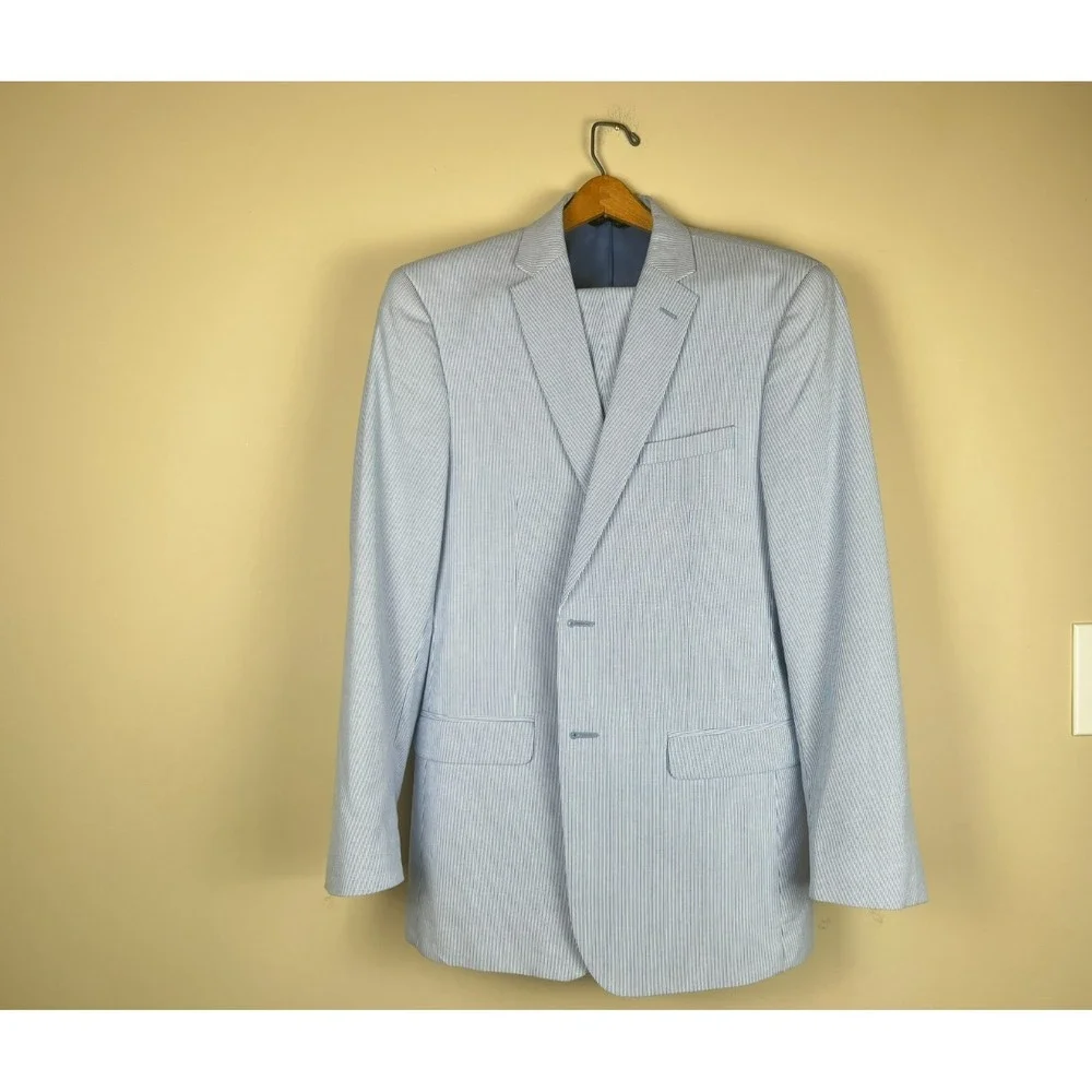 Joseph Jos A Bank Blue White Stripe Cotton Suit 42L Slim Fit Preppy Derby