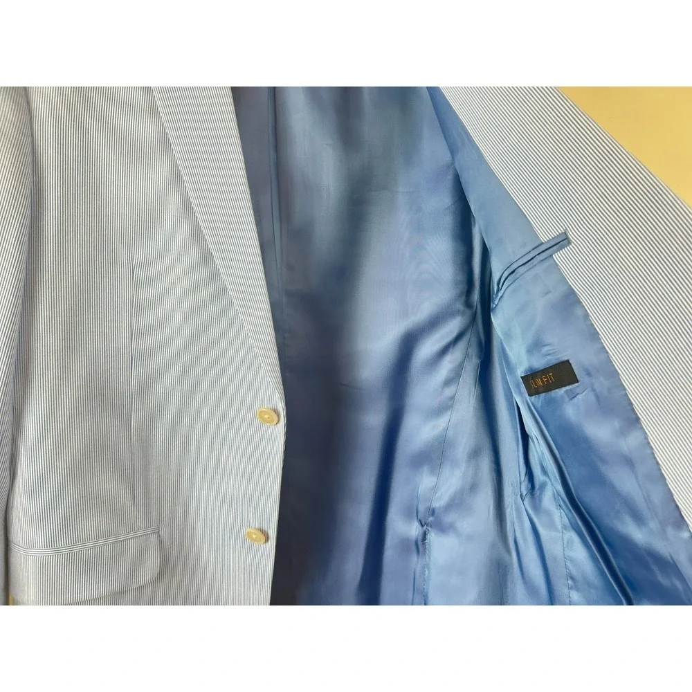 Joseph Jos A Bank Blue White Stripe Cotton Suit 42L Slim Fit Preppy Derby