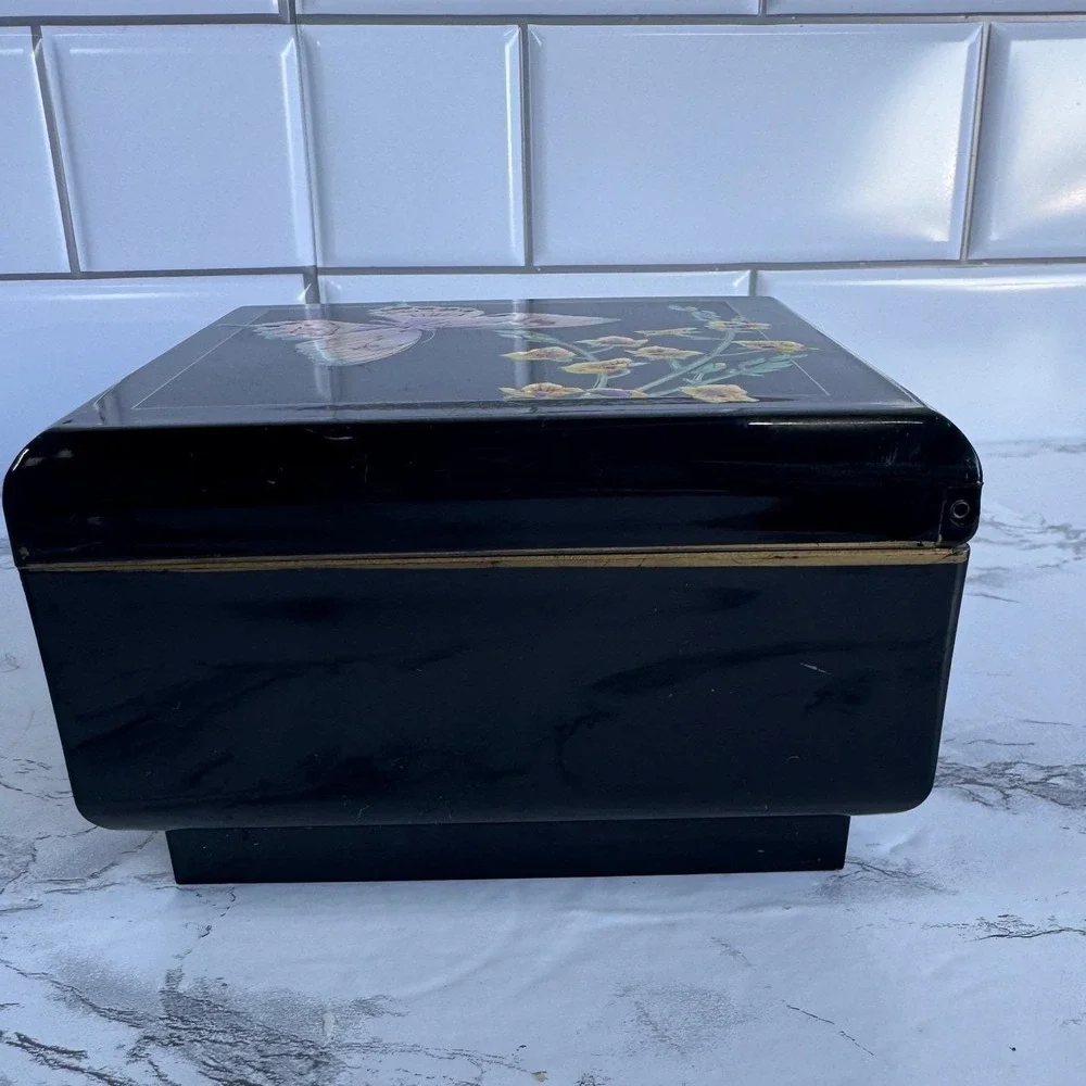San Francisco Music Box Company Black Butterfly Floral Lacquer Jewelry Box