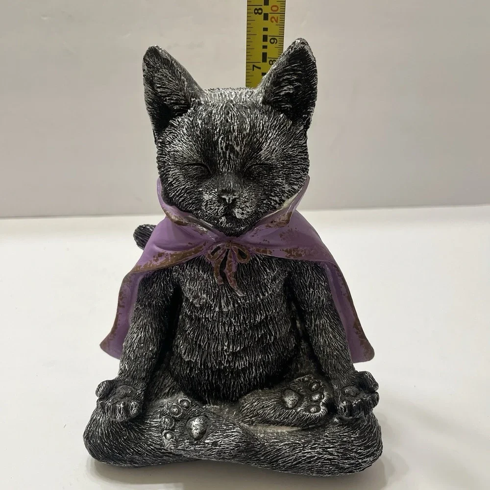 Halloween Meditating Yoga Zen Cat Resin Black Purple Cape 7.5x6