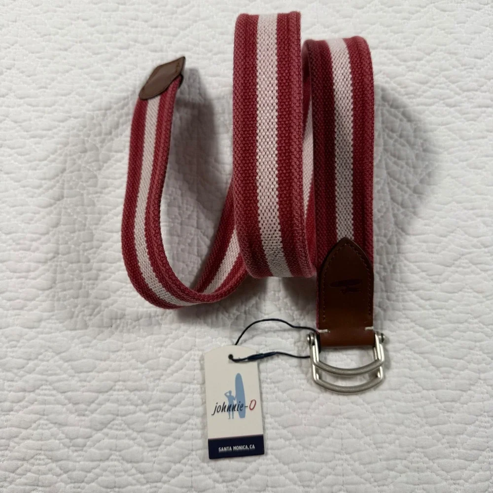 Johnnie-O Mens Striped D-Ring Belt Malibu Red White Canvas Leather Size S NEW‎