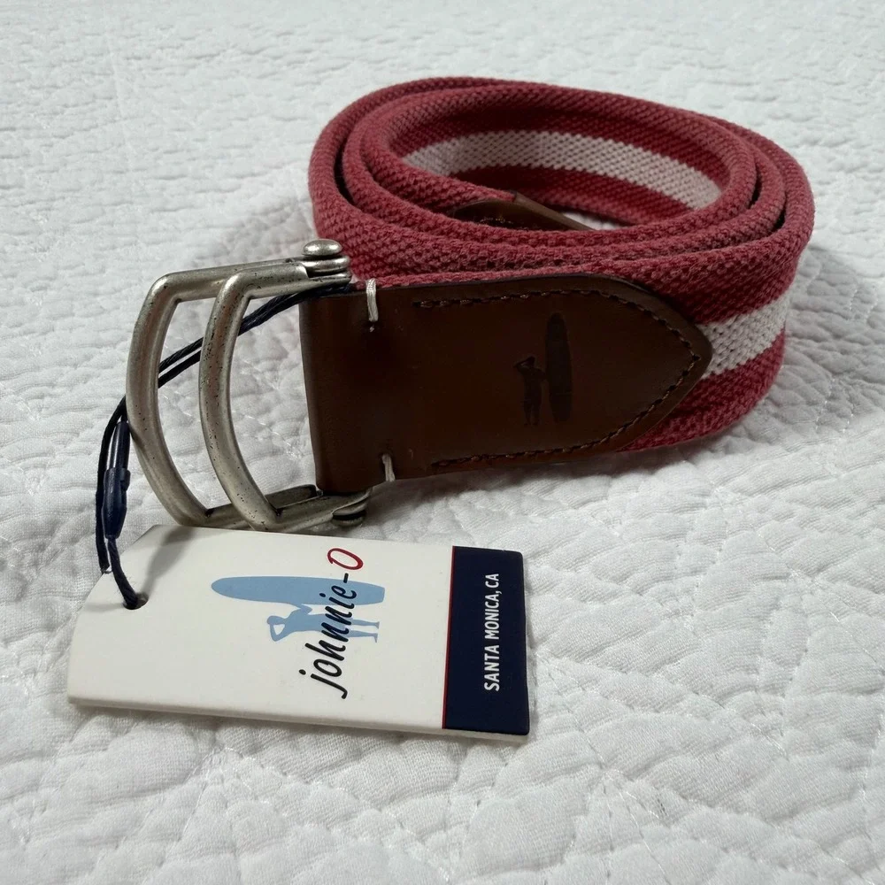 Johnnie-O Mens Striped D-Ring Belt Malibu Red White Canvas Leather Size S NEW‎