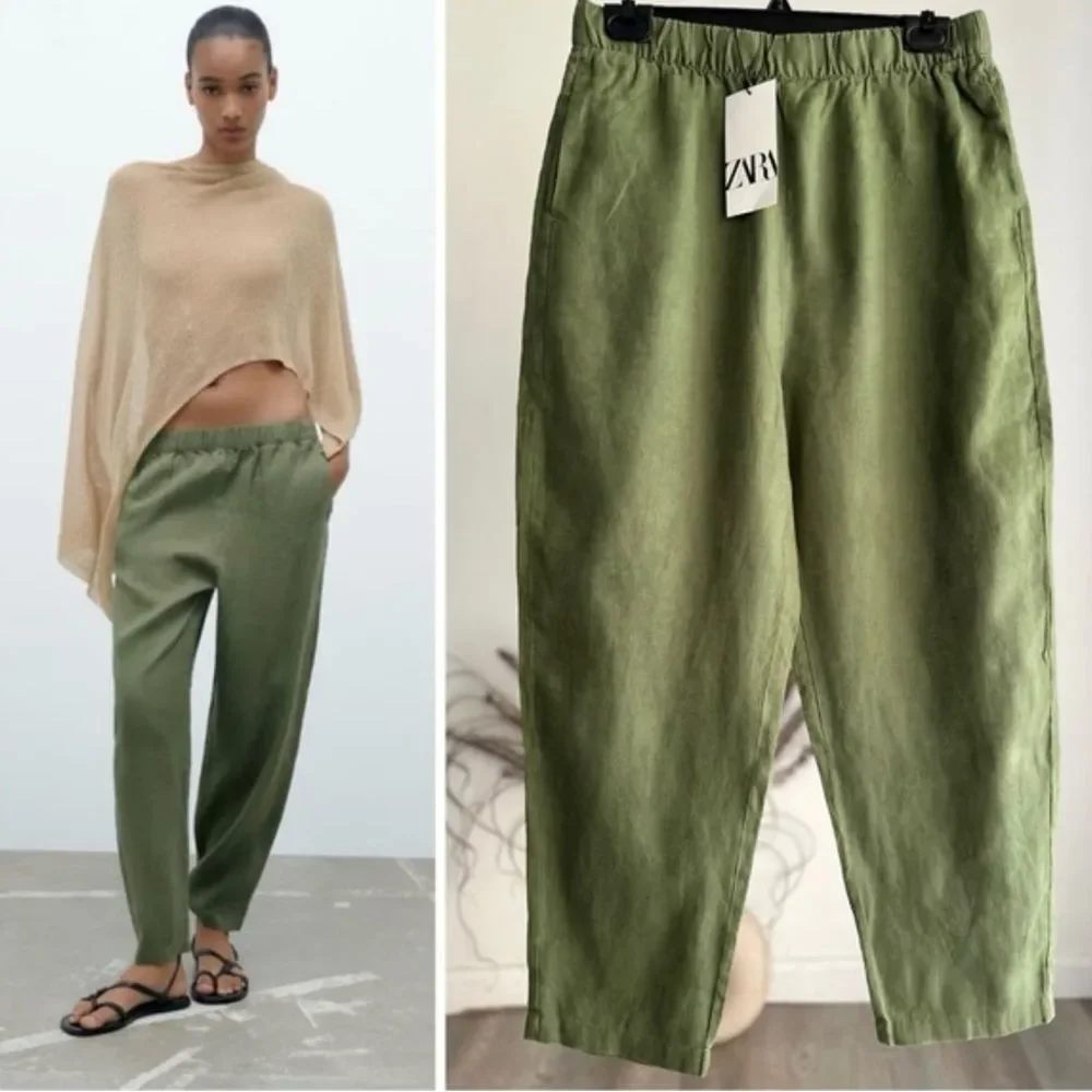 ZARA Women's Linen Olive Green Trousers Pants Size medium‎