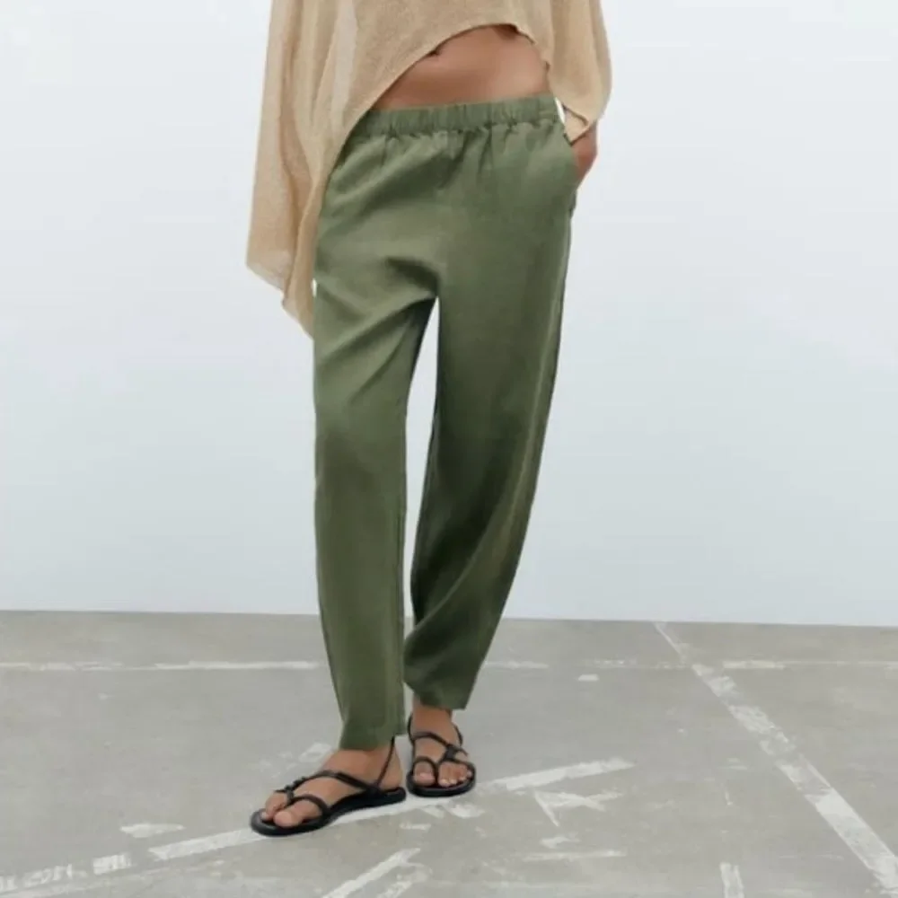 ZARA Women's Linen Olive Green Trousers Pants Size medium‎