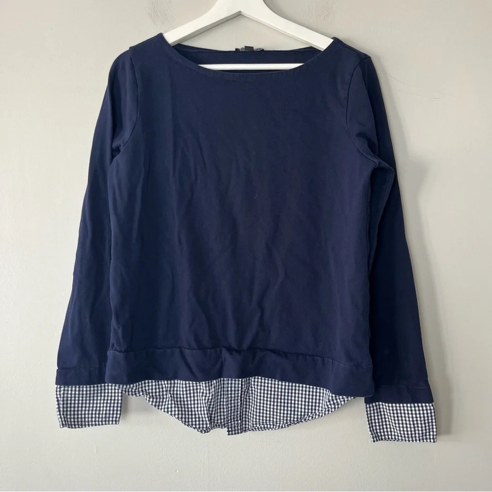 J. Crew Mercantile Navy Long Sleeve Crew‎ Neck Gingham Detail Top Small