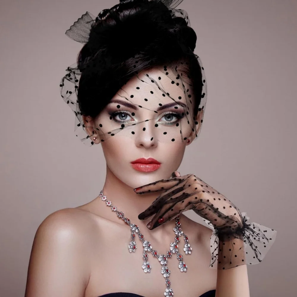 Beloved Millinery Black Elegant Fascinator Polka Dot Glove Set Church Funeral