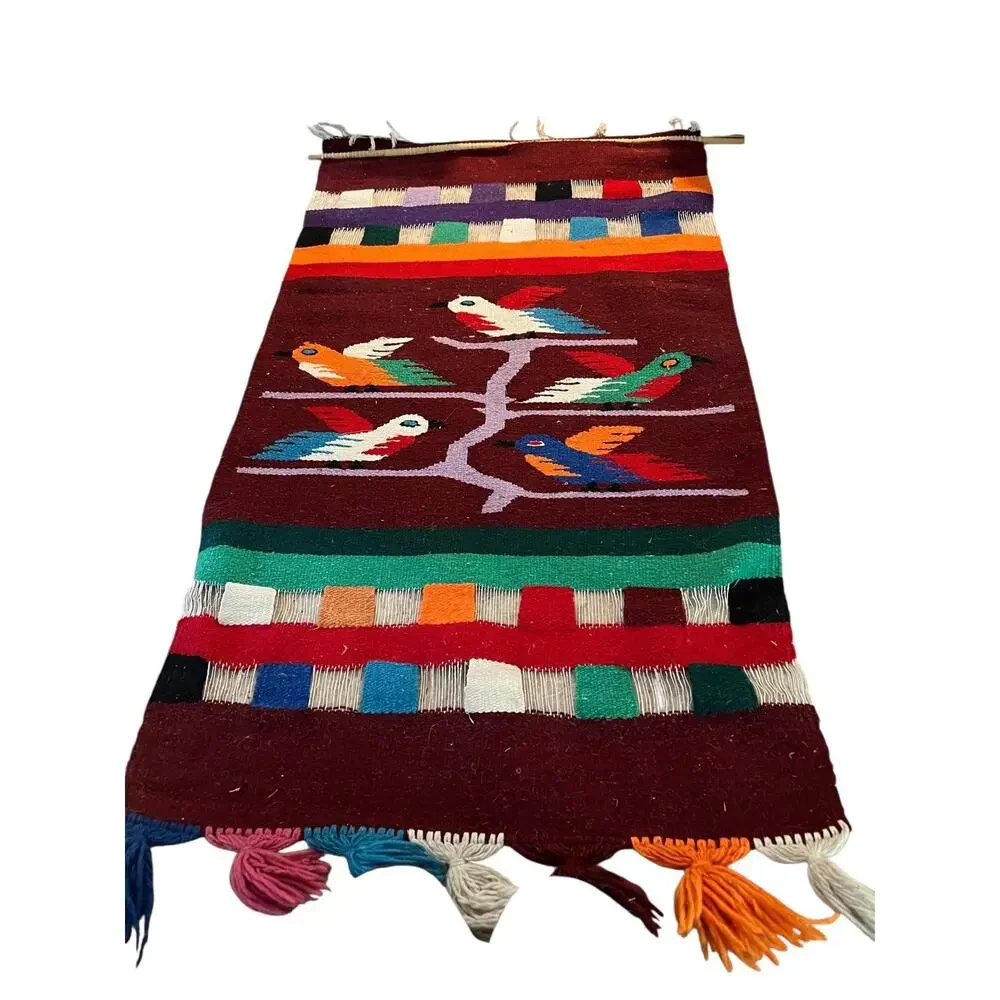 VINTAGE HANDWOVEN Wool Rug Wall Tapestry MEXICAN ZAPOTEC Tree Of Life 51” x 28”