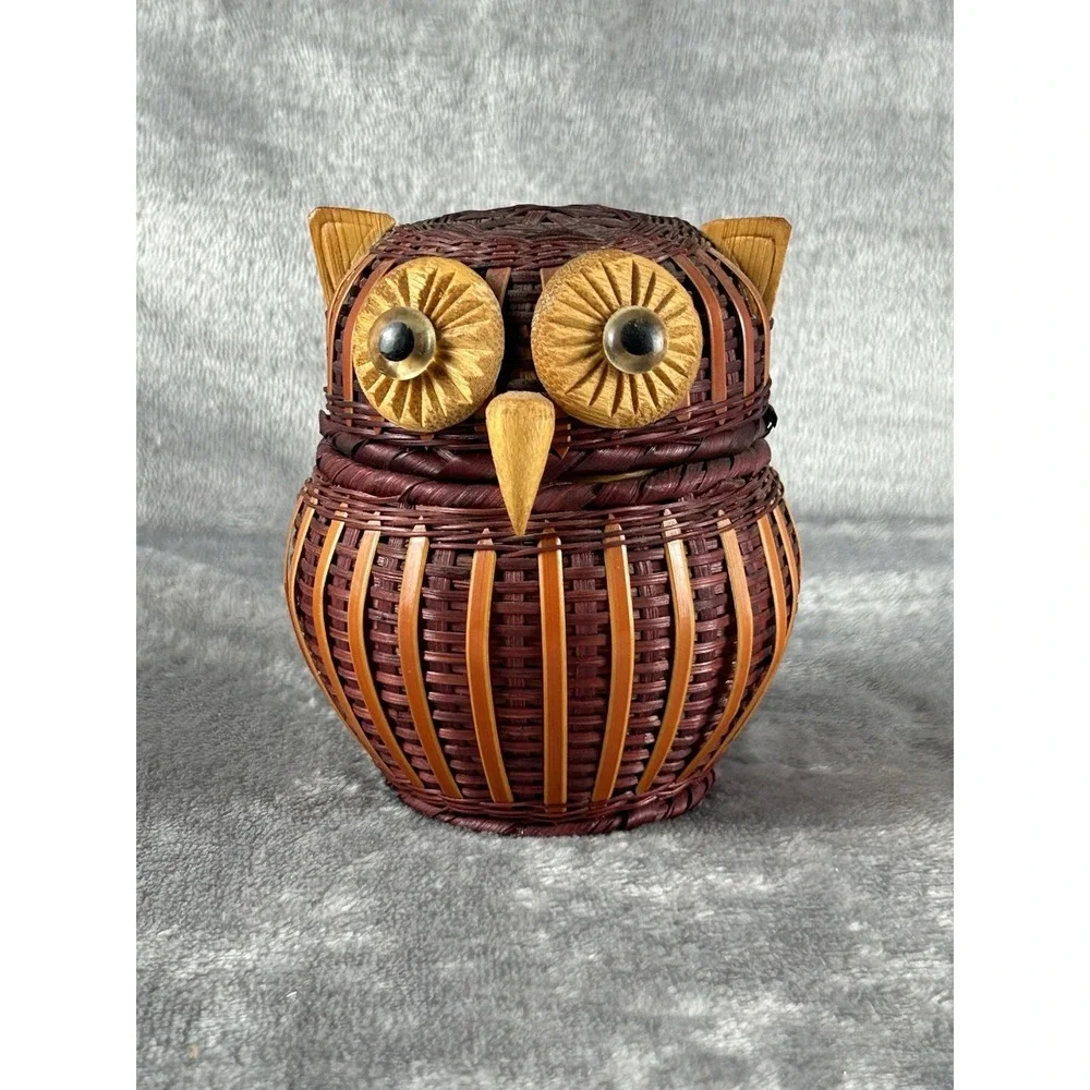 Vintage Owl bird Wicker Rattan Lidded woven figural Basket Box 4