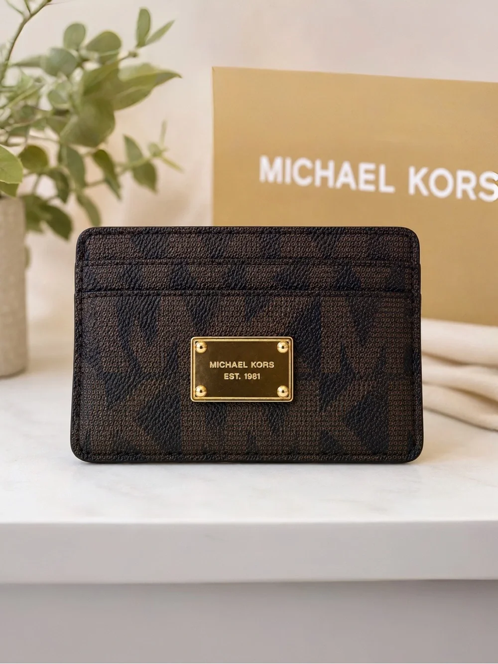 Michael Kors Signature PVC Card Holder Wallet Brown MK Logo Gold Plaque NWOT