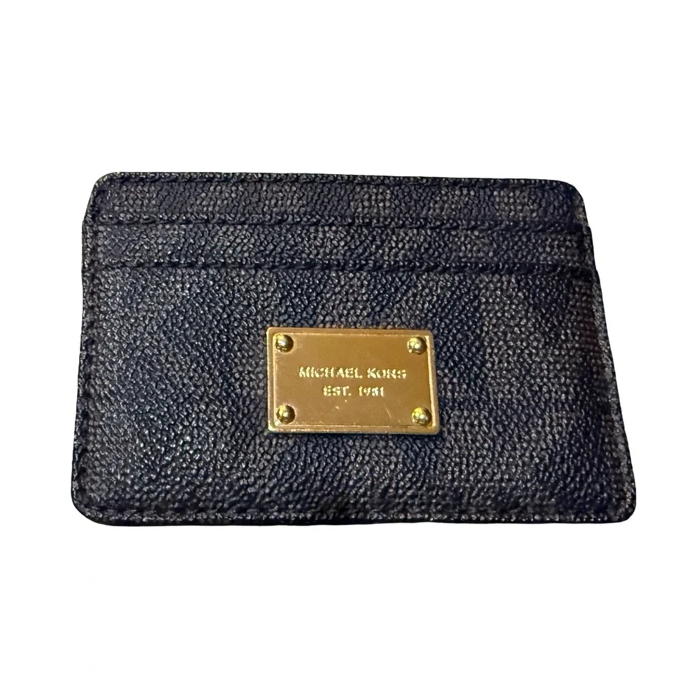 Michael Kors Signature PVC Card Holder Wallet Brown MK Logo Gold Plaque NWOT