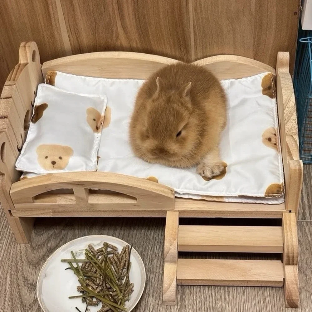 Solid Wood Hamster Bed With Mini Staircase, Low Bed Frame For Small Animal