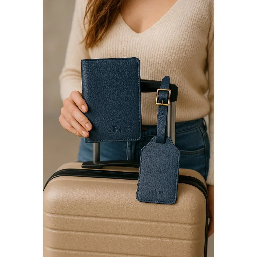 Lucchese Leather Passport Holder‎ + Luggage Tag Set – Navy Blue R1236-4014