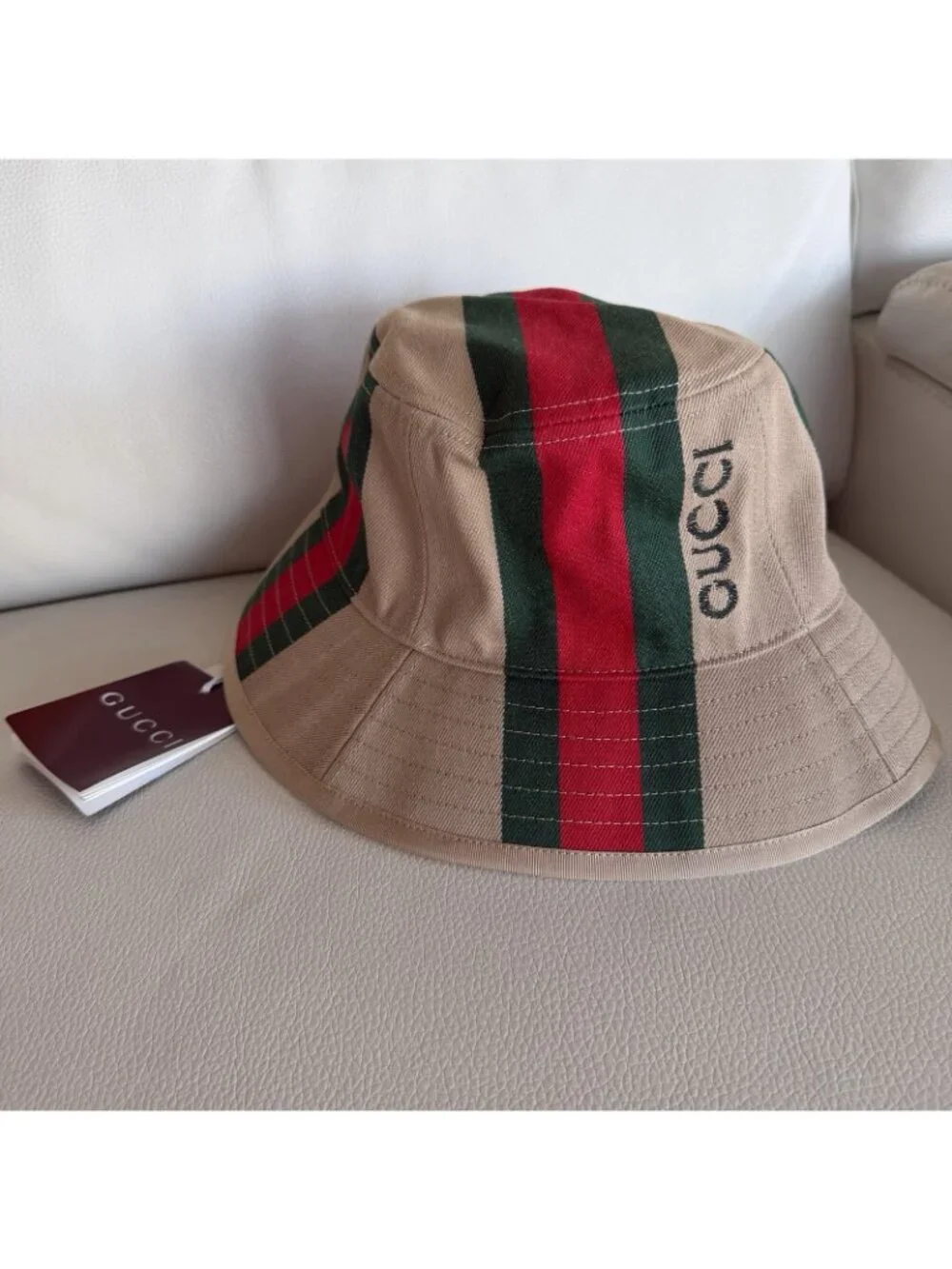 NWT Gucci Logo Printed Cotton Canvas Bucket Hat Sz S Web Beige