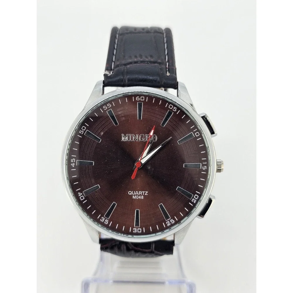 Men's Analog Watch 45MM Brown Dial Dark Brown Faux Leather Bands New Battery