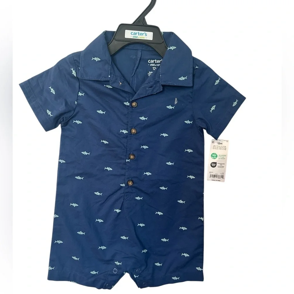 Carter's Navy Shark Print Romper 12m