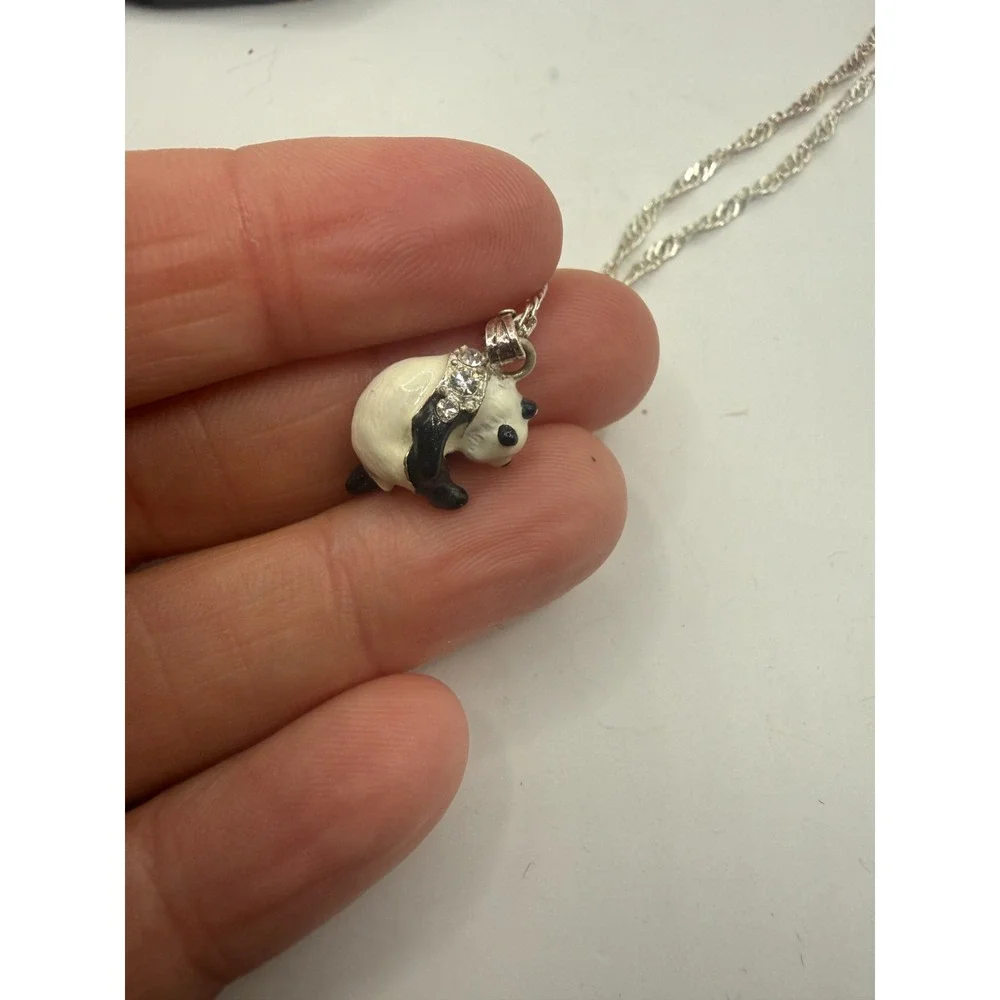 KINGSPOINT Brass Enamel & Crystal Panda Bear Trinket Box & Necklace Set