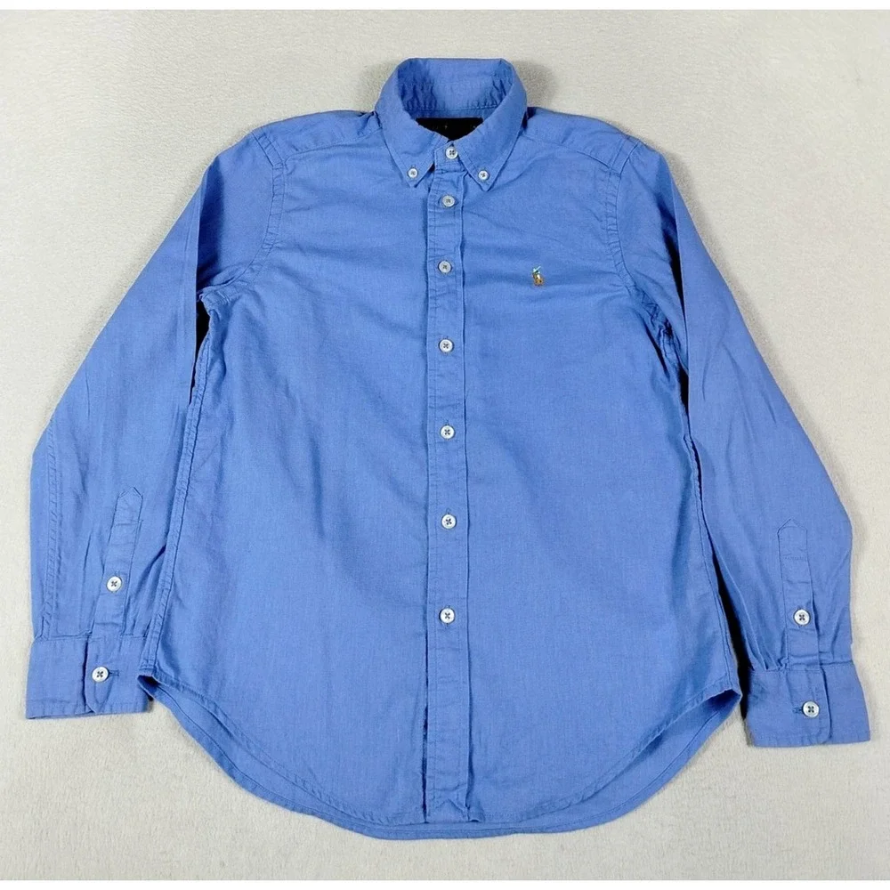 Ralph Lauren Shirt Youth Medium 10-12 Blue Linen Cotton Button Down Pony‎ Logo