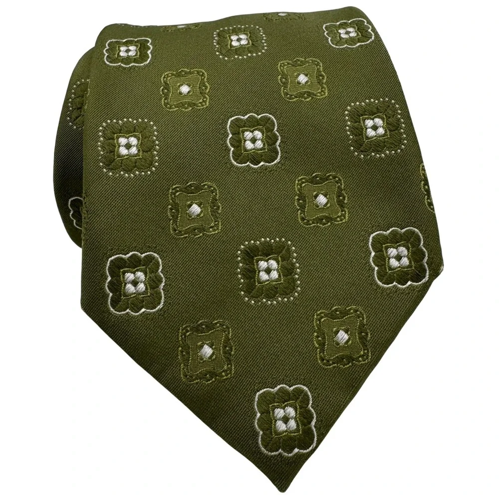 Faconnable Necktie 100% Silk Geometric Medallion Handmade in Italy Green Luxury