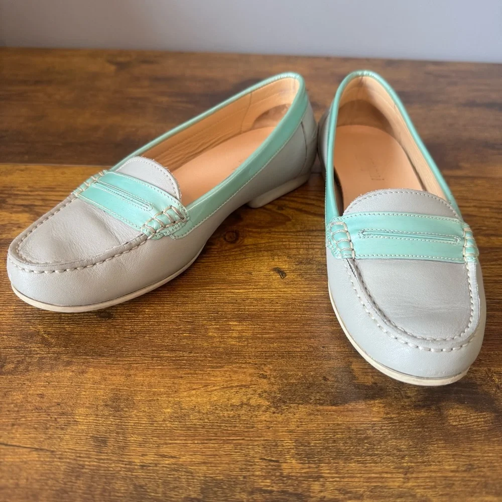 A. Testoni Italy Women’s Leather Loafers Gray Mint‎ EU 35 US 5 Penny Slip On