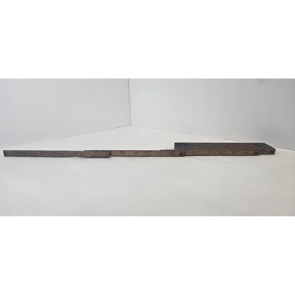 Vintage‎ Wooden Sliding Ruler Carpenter Tool 6 Ft Brass Sliders Antique USA