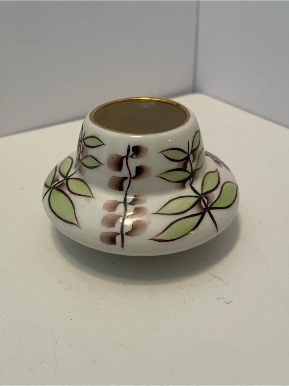 Vintage Hand Painted Porcelain Mini Vase Leaf Motif 2.5”‎